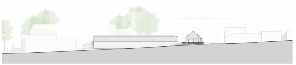 Řez územím s navrhovaným supermarketem a budovou u Smetanovy ulice (vpravo), zdroj: ateliér A8000