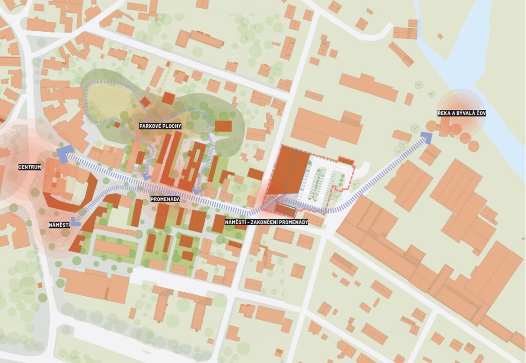 Návrh supermarketu (na středu vpravo) zasazený do územní studie na dostavbu centra města (arch. F. Štáfek),  znázornění navrhovaného zakončení promenády Smetanovy ulice (modrá přerušovaná čára), zdroj: ateliér A8000
