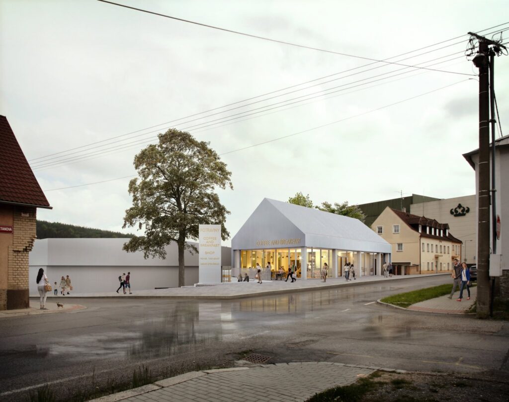 Vizualizace návrhu supermarketu a budovy retailu ze Smetanovy ulice, zdroj: ateliér A8000