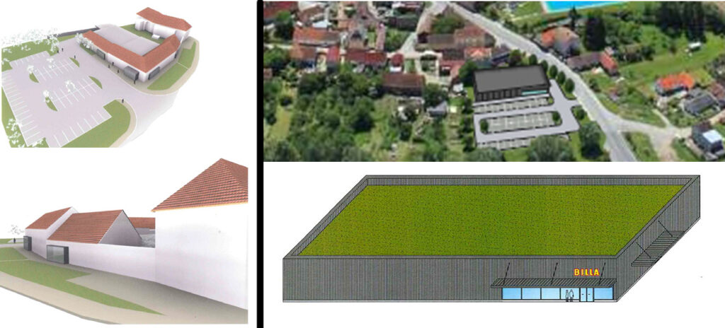 Návrh od Ateliér Soukup, 2009 (vlevo) a návrh společnosti Billa, 2020 (vpravo)